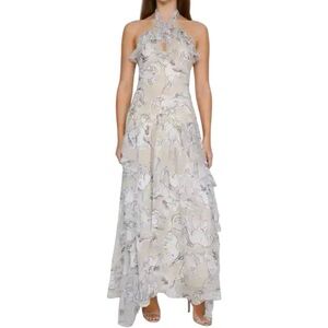 New NASTY GAL Floral Ruffle Keyhole Halter
Maxi Dress grey white size 8